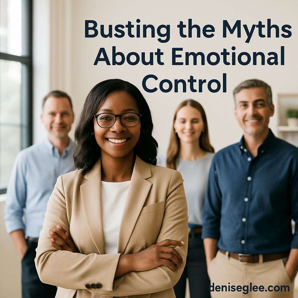 A confident Black woman stands at the center of a diverse professional team in a bright office, all smiling and relaxed, representing emotionally safe leadership and the breaking of outdated control-based myths.