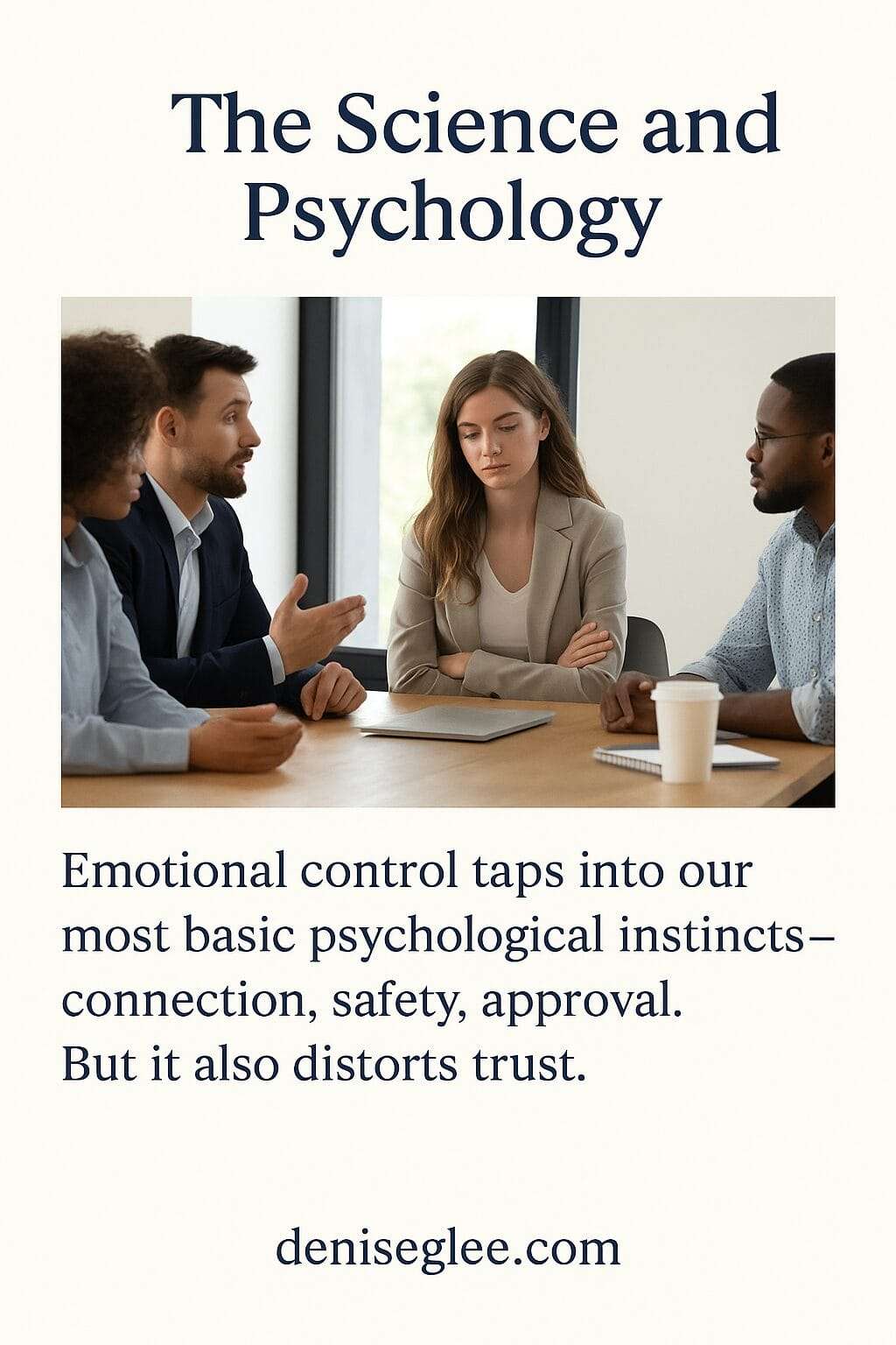 A group of diverse professionals sit around a table in a modern office. A woman in a tan blazer appears emotionally withdrawn as colleagues engage in discussion, illustrating the psychological toll of emotional control in leadership.