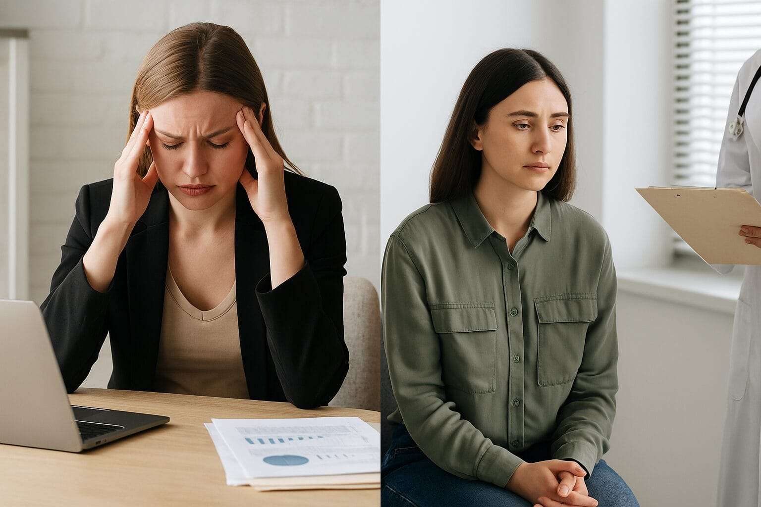 Split-image showing a businesswoman overwhelmed at her desk and a patient sitting anxiously in a medical office, illustrating how loyalty trauma bonds appear in work and healthcare environments.