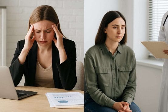 Split-image showing a businesswoman overwhelmed at her desk and a patient sitting anxiously in a medical office, illustrating how loyalty trauma bonds appear in work and healthcare environments.