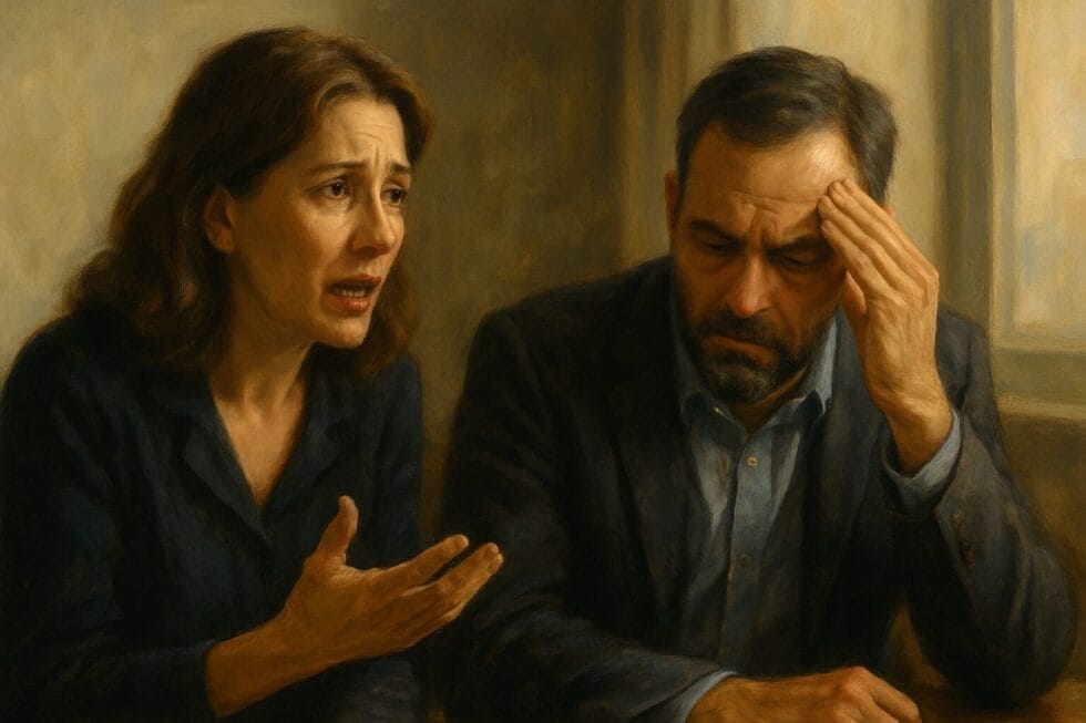 A middle-aged woman gestures intensely while a man sits beside her looking overwhelmed, symbolizing the emotional tension of trauma dumping in real life.