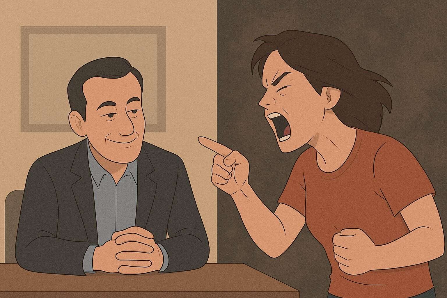 Illustration of a calm, smug man at a desk being yelled at by an angry woman in an office, highlighting power imbalance and emotional volatility
