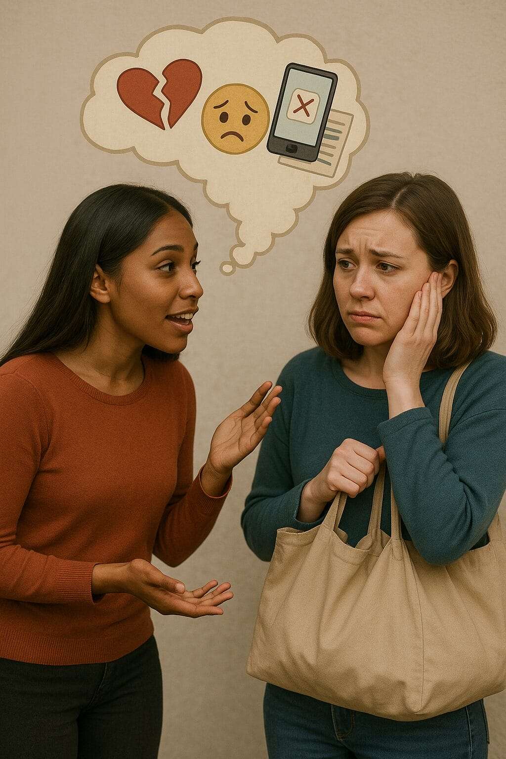 Two women talking: one is animatedly oversharing with a thought bubble full of dramatic icons (broken heart, sad face, rejected phone call), while the other woman looks overwhelmed, clutching grocery bags and listening uncomfortably.