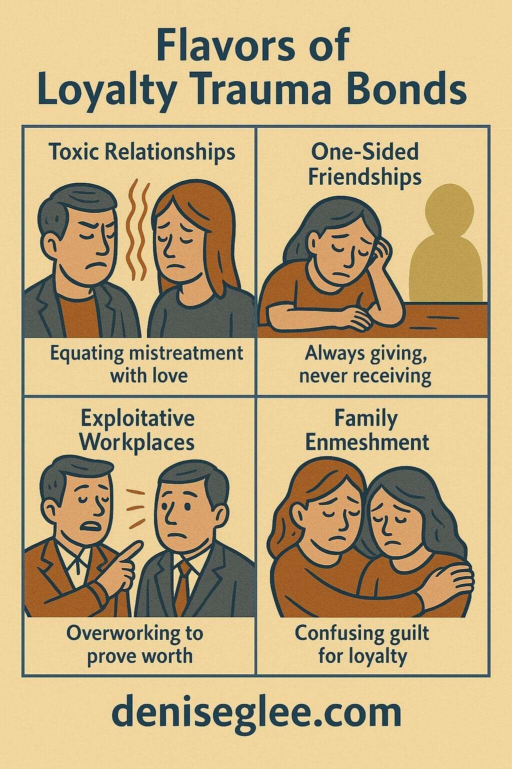 An illustrated infographic showing four types of loyalty trauma bonds: toxic relationships, one-sided friendships, exploitative workplaces, and family enmeshment. Each box includes a visual and a brief caption describing how misplaced loyalty shows up in different life areas.