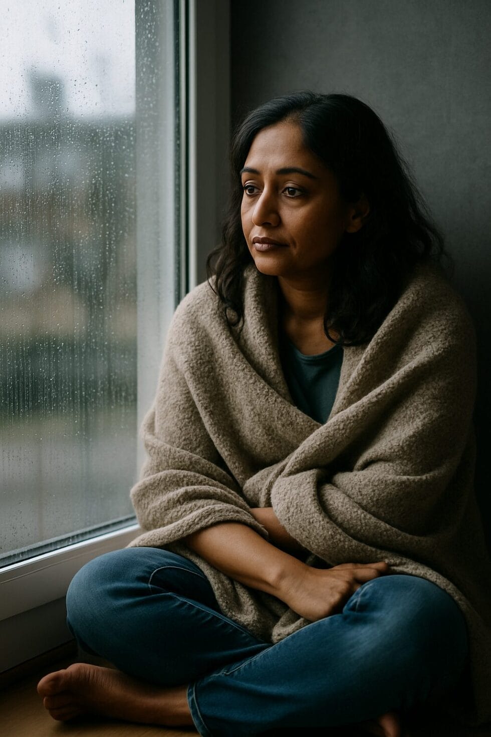 South Asian woman mid-40s sitting by a rain-covered window, loosely wrapped in a blanket, soft but emotionally present