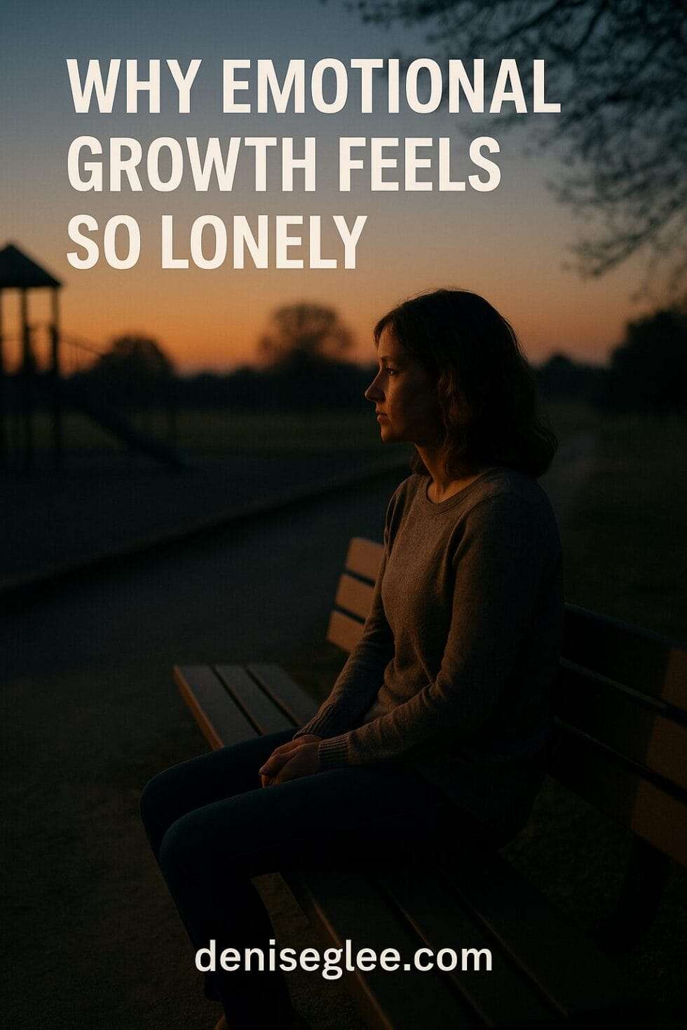 A woman sits alone on a park bench at sunset, looking contemplative as warm twilight falls around her; the text reads “Why Emotional Growth Feels So Lonely” with deniseglee.com at the bottom