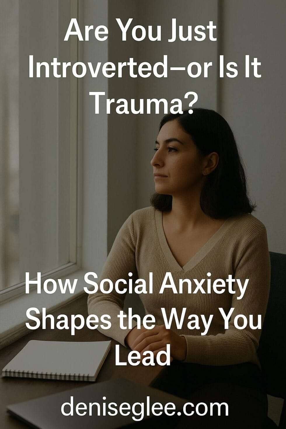 Latina woman reflecting by window with text on trauma, introversion, and leadership