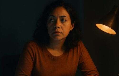 Latina woman surrounded by glowing phones looking away, symbolizing reclaiming focus from social media distraction