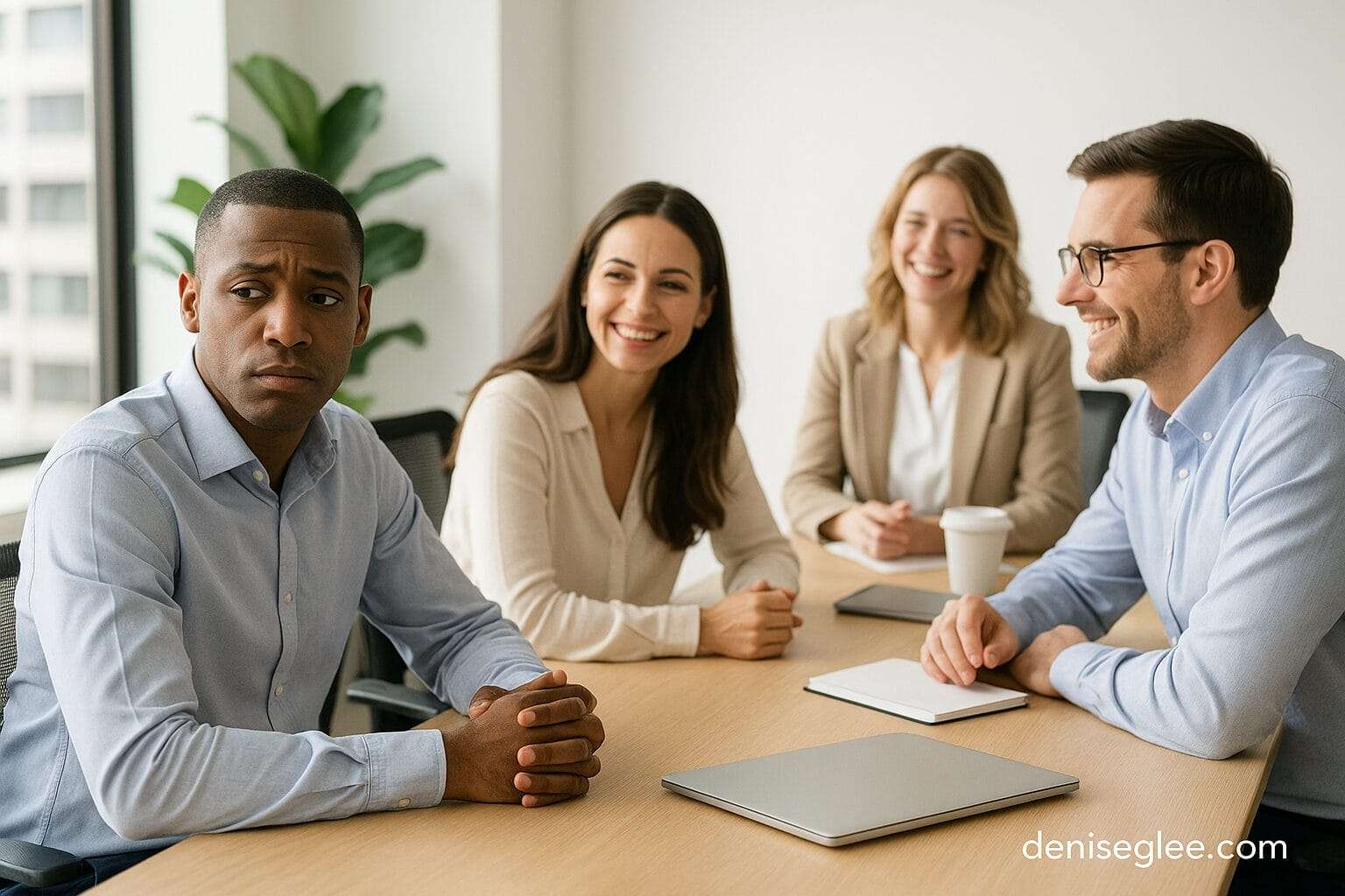 A modern office meeting where a team appears connected, but one professional subtly withdraws from the group dynamic—illustrating the hidden emotional toll of controlling leadership patterns.