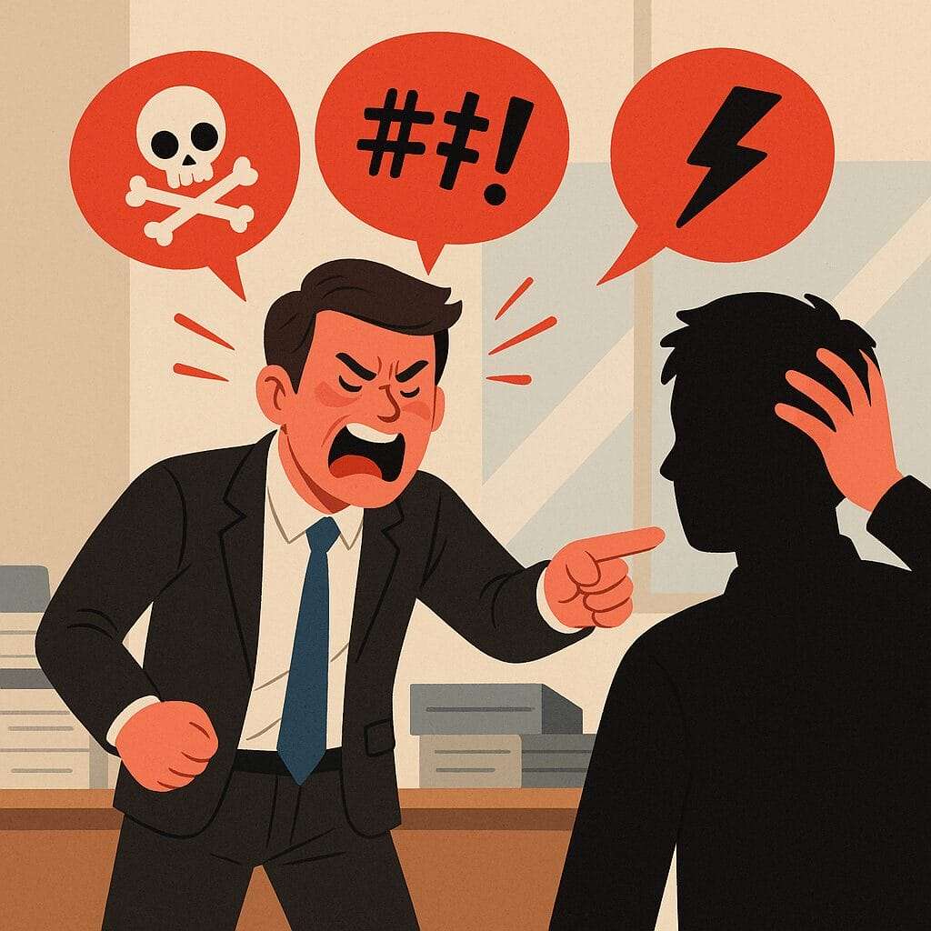 image of man with callout yelling at another man who appears confused deniseglee
