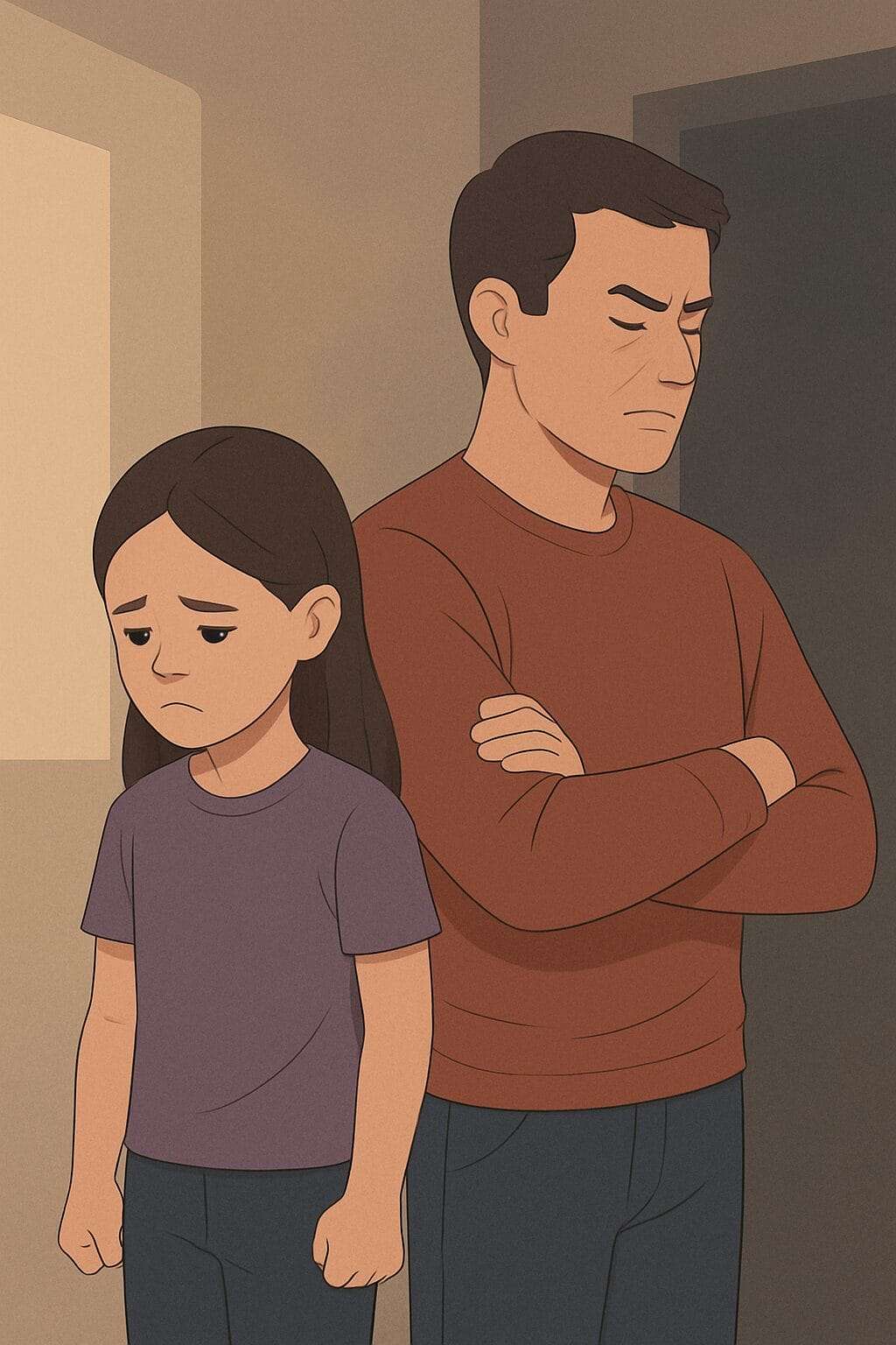 Illustration of a young girl and emotionally closed-off man standing side-by-side in a tense home setting, both displaying sadness and withdrawal