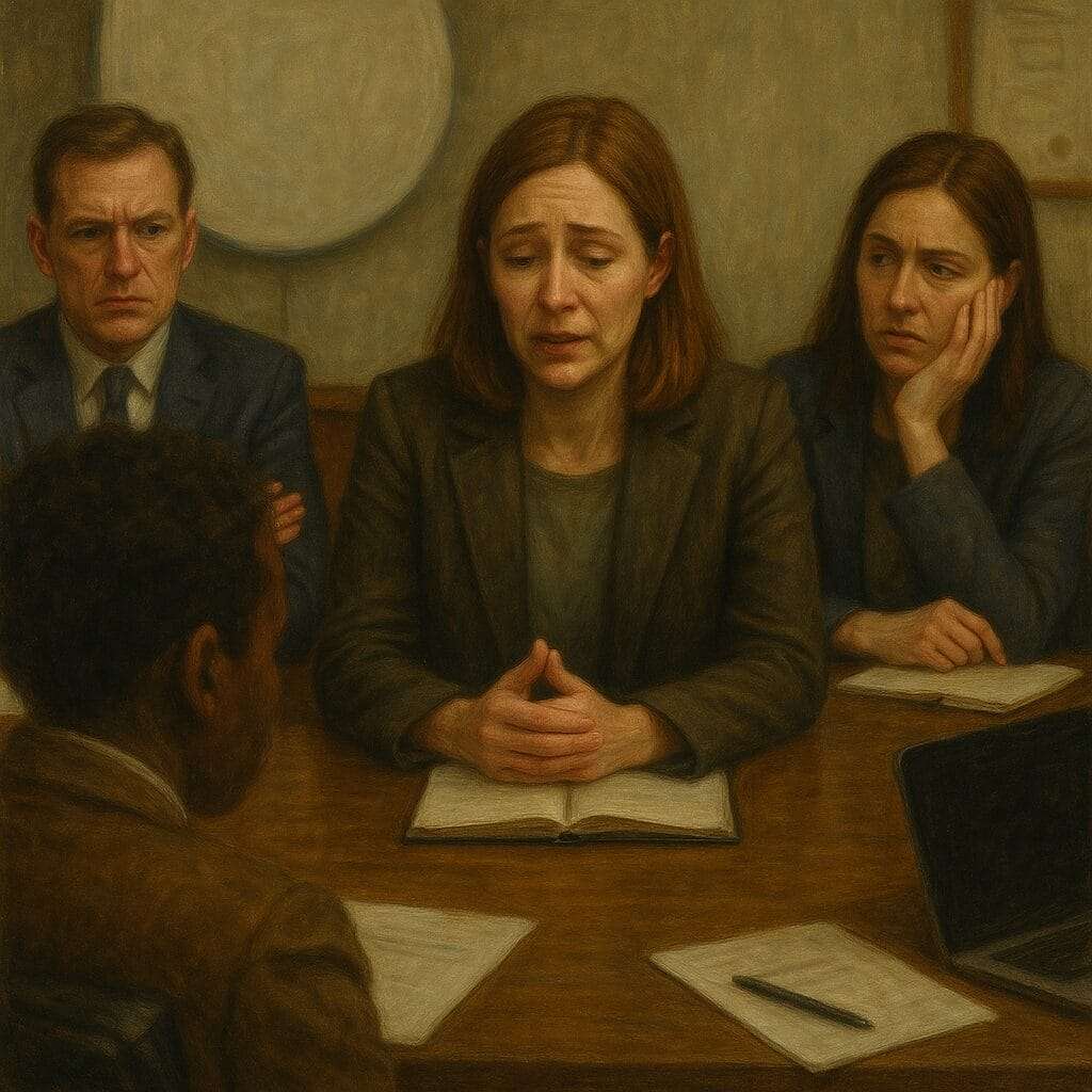 A muted oil painting of a professional meeting shows a woman in a business suit speaking with visible emotional strain, while her three colleagues sit around a wooden table, reacting with concern and discomfort, capturing the quiet tension of trauma dumping in leadership.