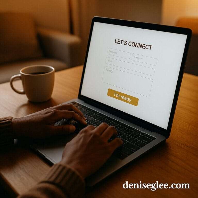 Person typing on a laptop with a contact form that says 'Let’s Connect' and deniseglee.com in the corner"