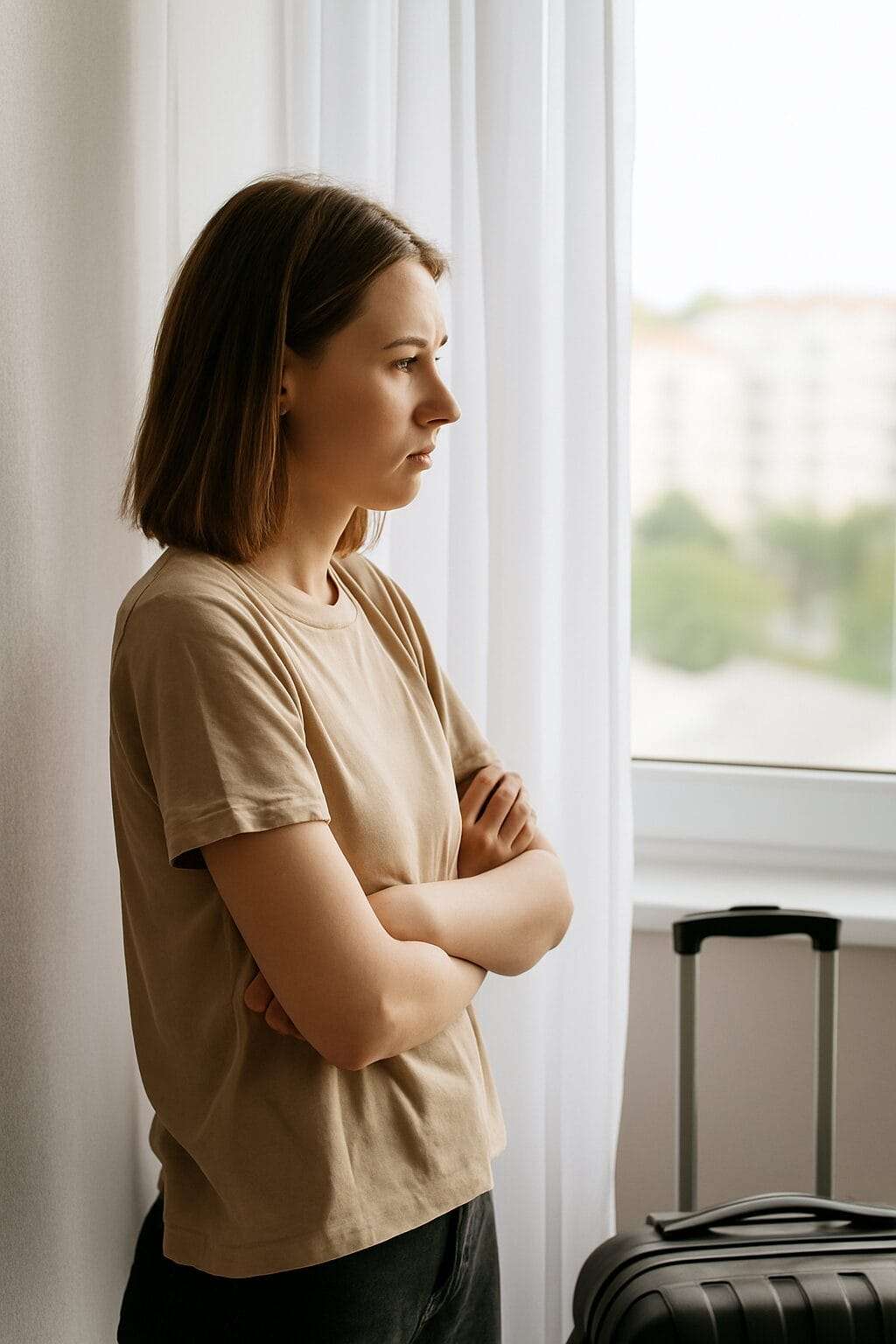 A woman stands in front of a window with her arms crossed, looking out with a serious expression. A packed suitcase beside her suggests a pivotal moment of emotional or physical departure.