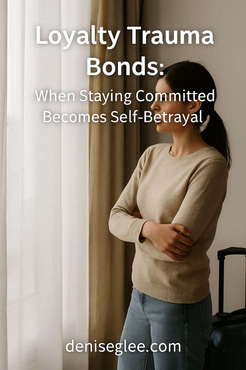 A woman stands in front of a window with arms crossed, a suitcase beside her. The overlaid title reads 'Loyalty Trauma Bonds: When Staying Committed Becomes Self-Betrayal' with deniseglee.com at the bottom, symbolizing a quiet moment of emotional reckoning.