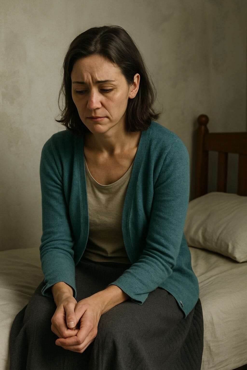 A woman sits on the edge of a bed with her hands clasped, looking down with a somber expression, capturing the emotional weight of staying loyal out of obligation rather than desire.