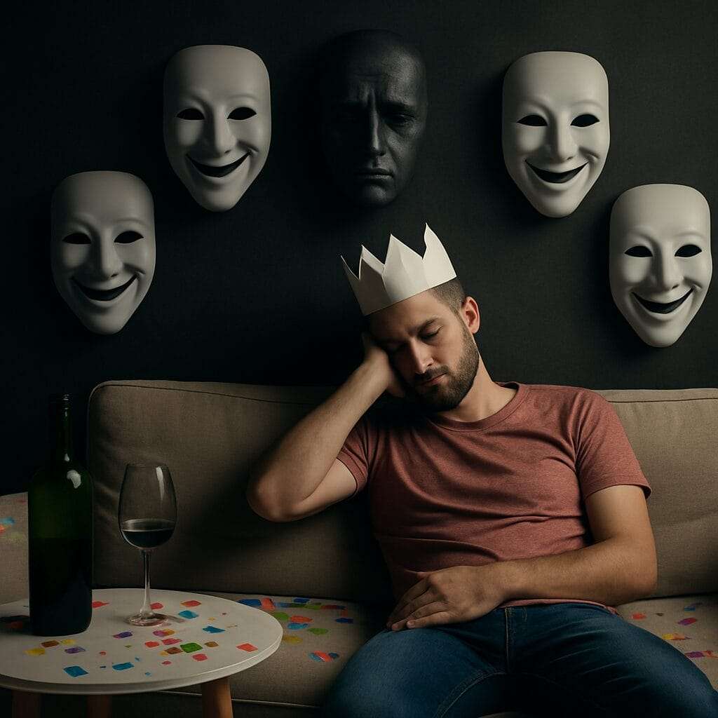 man with party hat and many masks on the wall