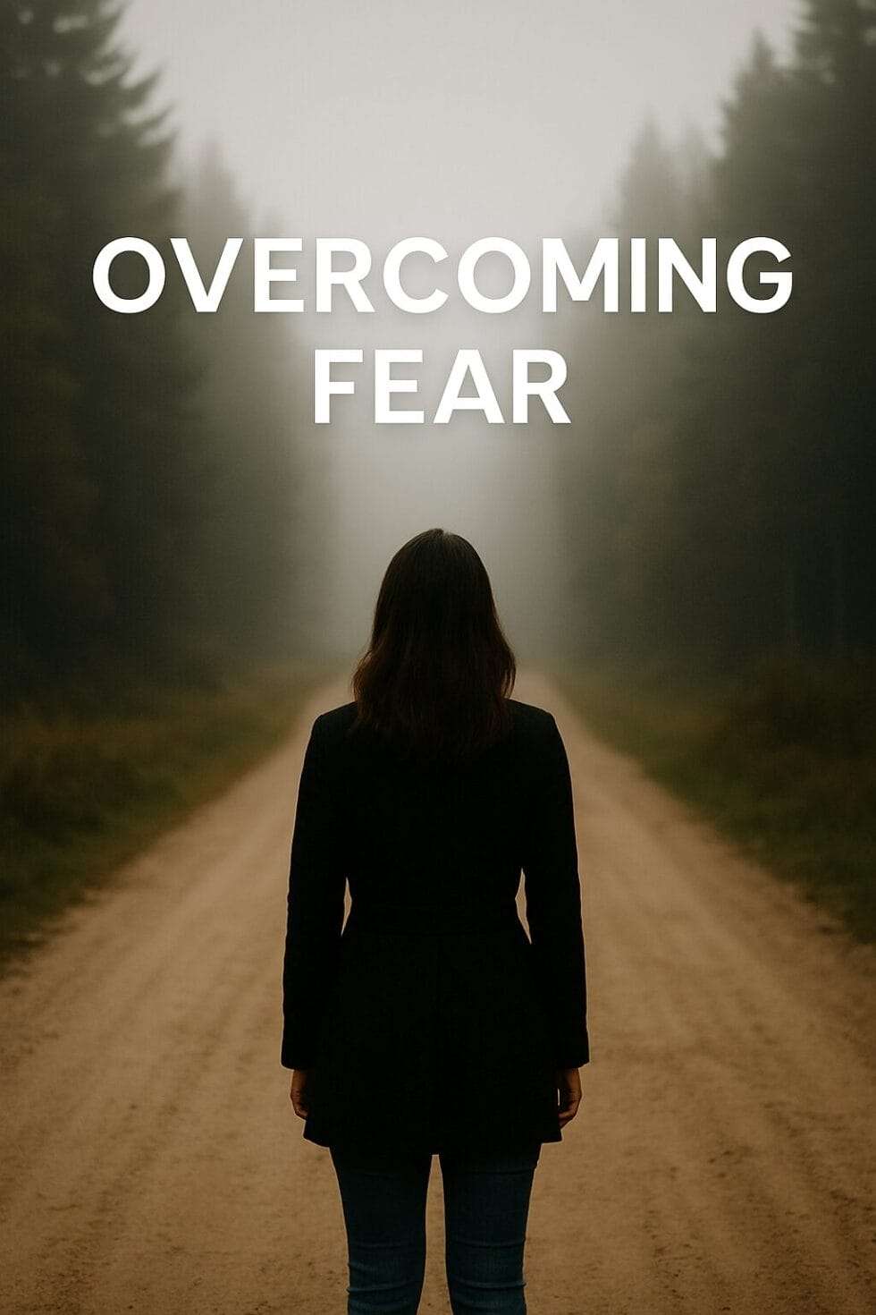 A woman stands at the start of a foggy forest path, facing forward with quiet strength. The words “Overcoming Fear” appear above, symbolizing courage, reflection, and readiness for change.
