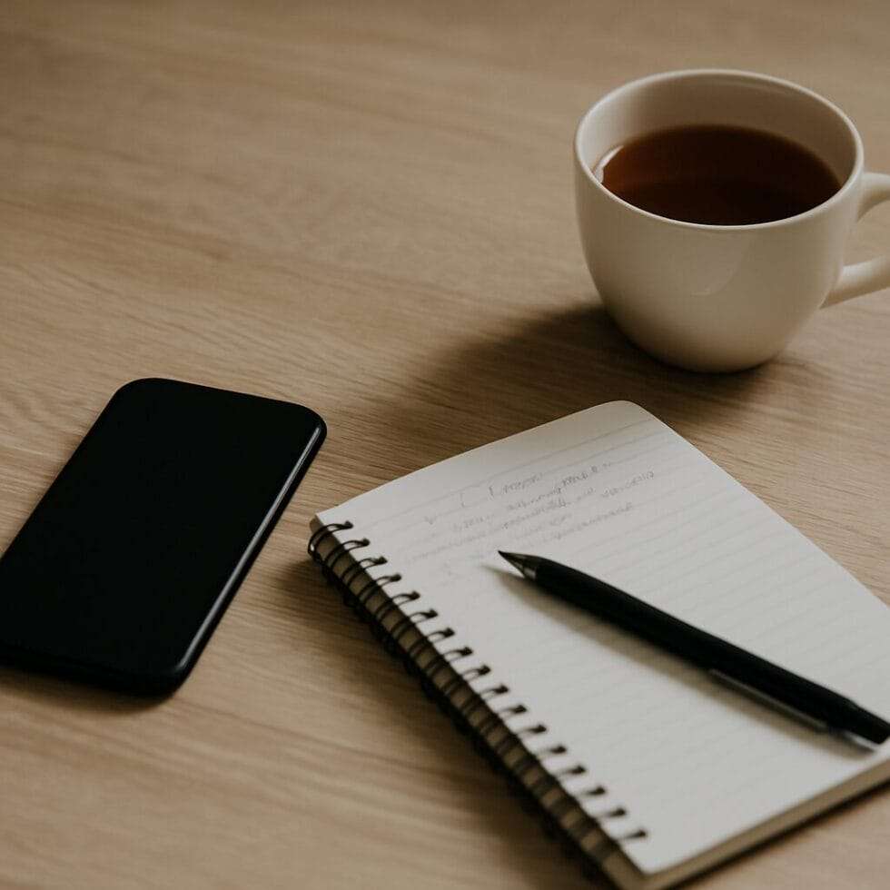 A face-down black smartphone next to an open notebook with handwritten notes, a black pen, and a warm cup of tea on a wooden desk.