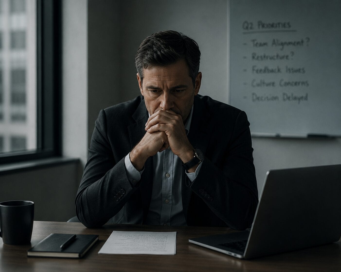 Business leader sitting alone in quiet reflection after unresolved workplace tension