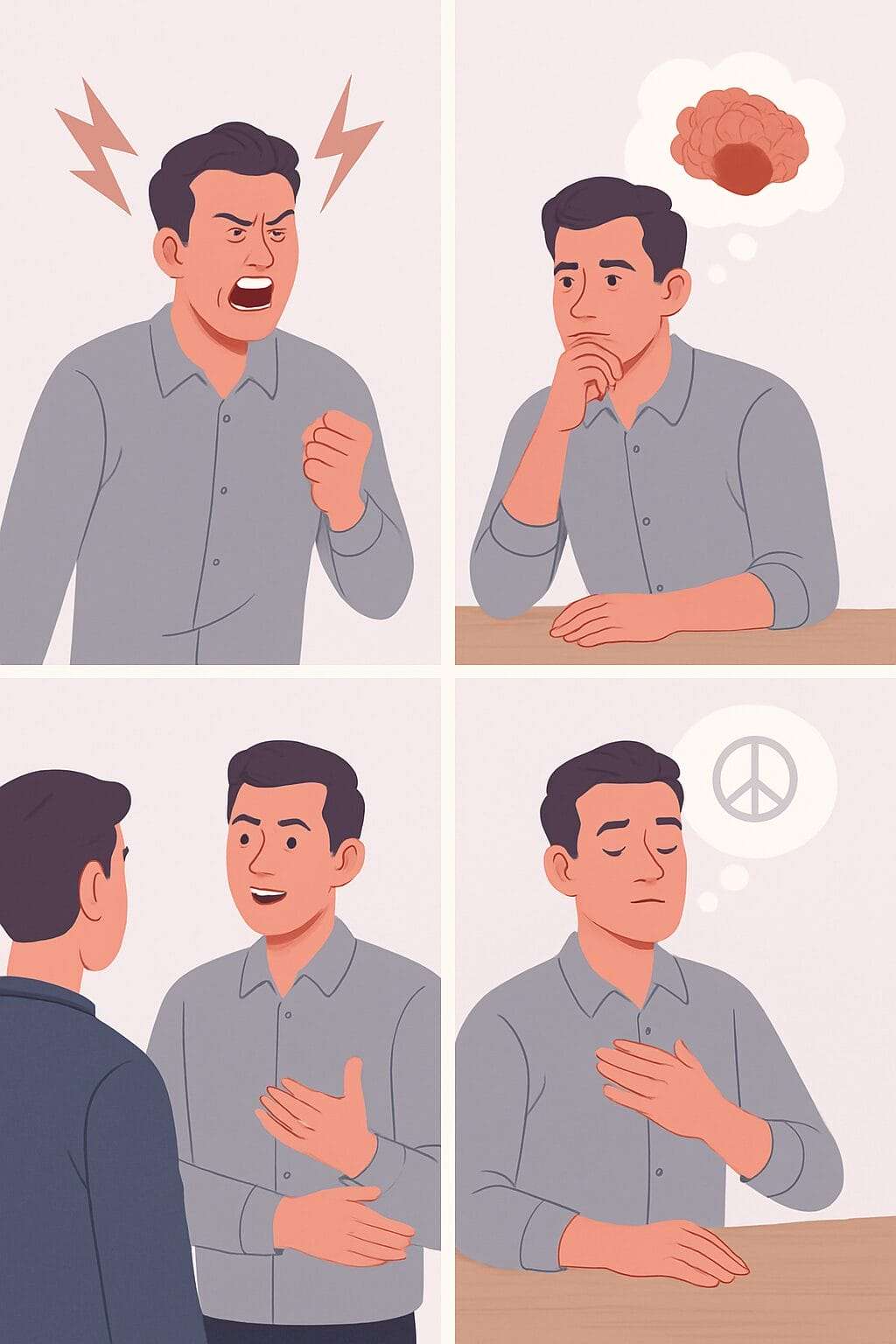 Four-panel illustration showing a man progressing from anger to calm self-awareness, including scenes of emotional reflection, conversation, and peace