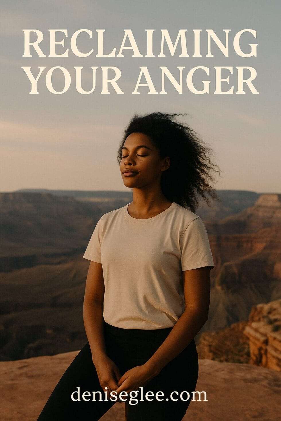 Peaceful woman standing in a canyon at sunset, eyes closed in reflection, with “Reclaiming Your Anger” text and deniseglee.com at the bottom