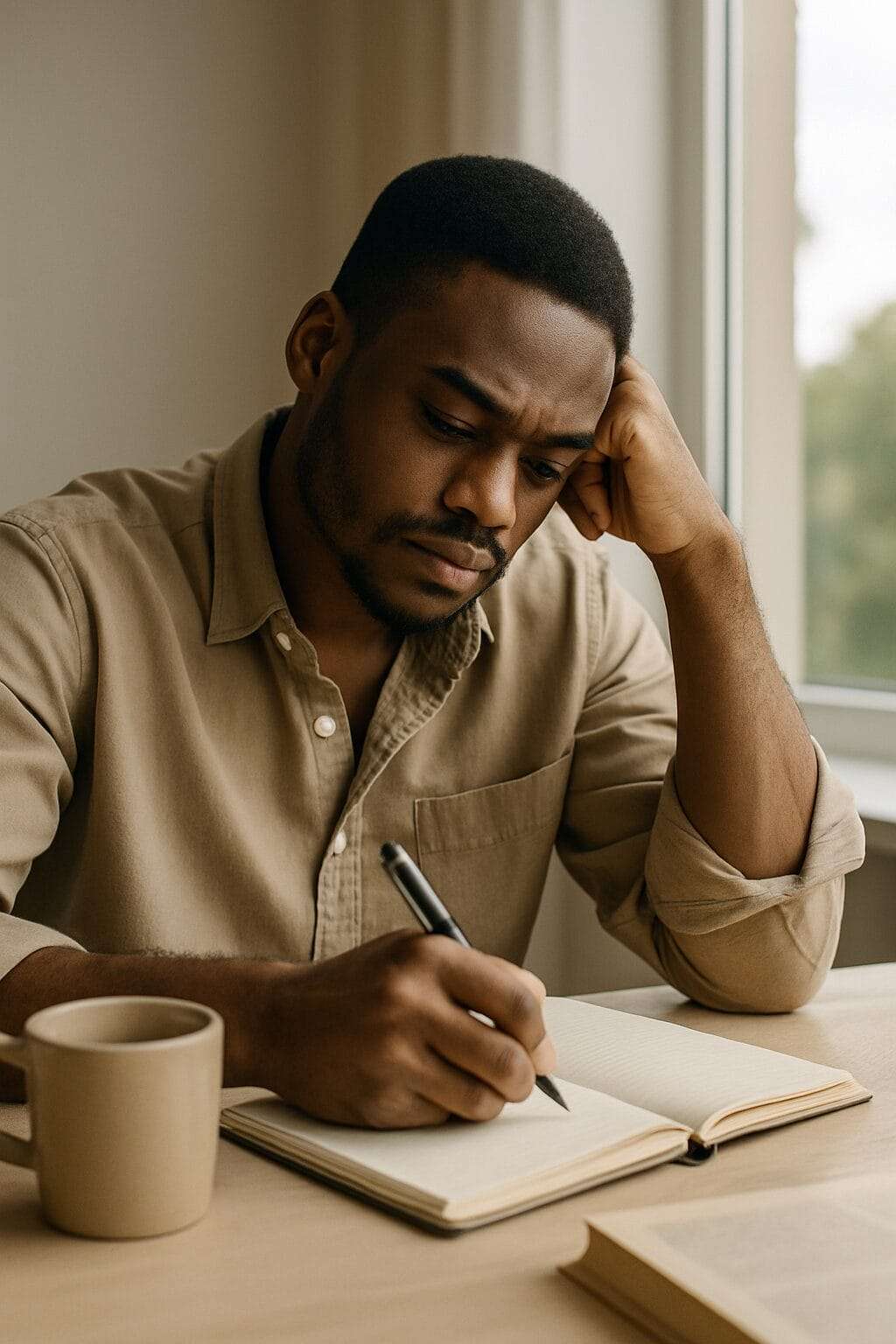 A young Black man sits at a sunlit table with a notebook and pen, appearing thoughtful as he writes and reflects—capturing the emotional work of identifying family dysfunction and leadership patterns.