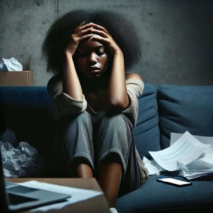 stressed young black woman with knees folded