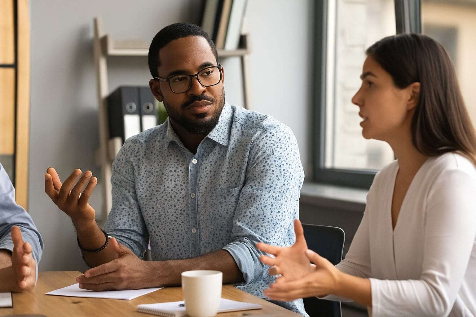 Business team standing around a table in discussion, reviewing documents together—representing practical leadership collaboration.