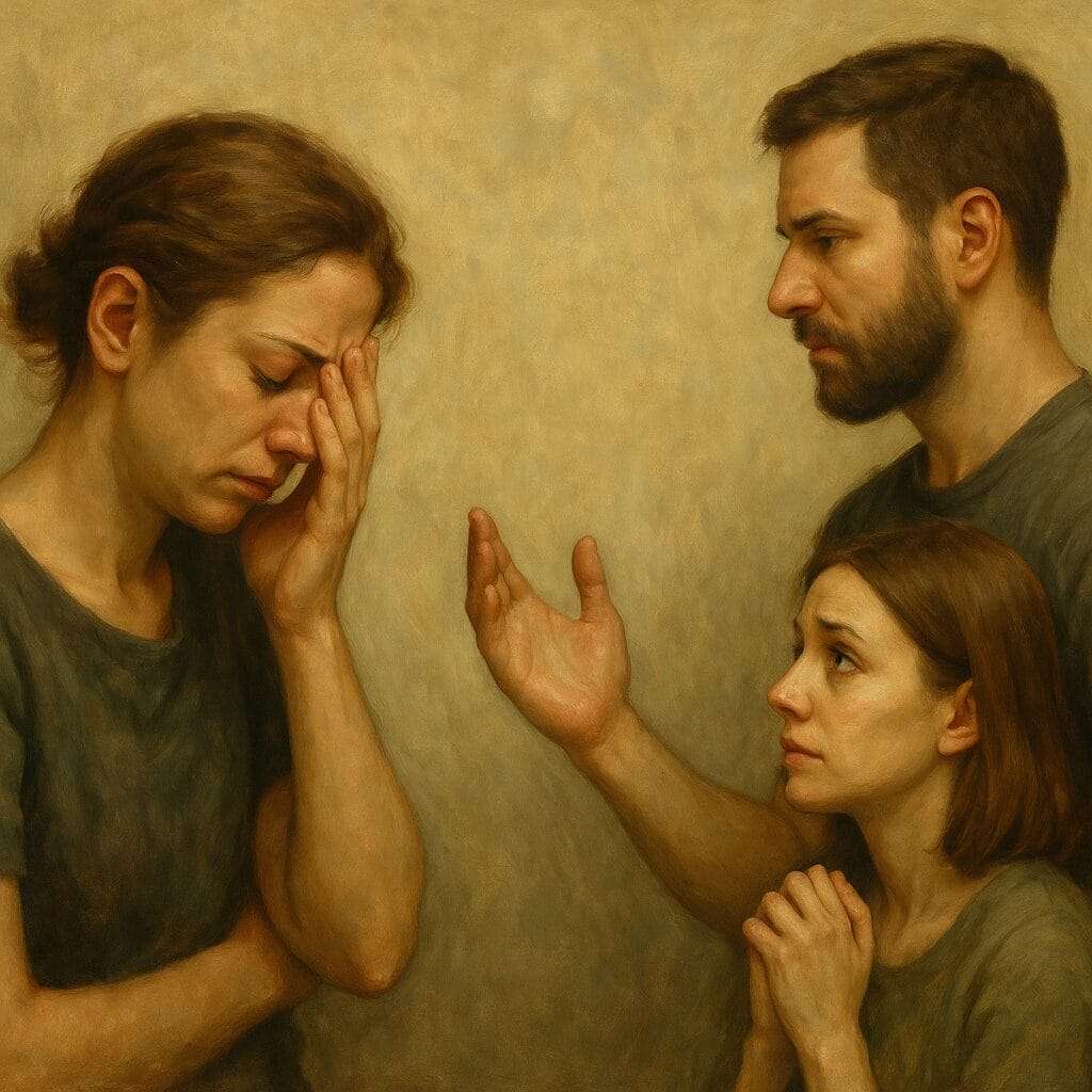A traditional oil painting showing two emotional interactions: one woman covering her face in distress, and another scene where a man extends a hand as a woman looks up, depicting both sides of trauma dumping and the tension of emotional repair