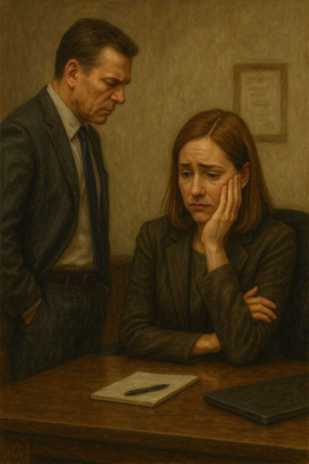A traditional oil painting shows a quiet but tense office interaction: a man in a dark suit stands authoritatively over a seated woman, who looks emotionally drained and introspective, highlighting the unspoken pressure and imbalance caused by trauma dumping in professional settings.
