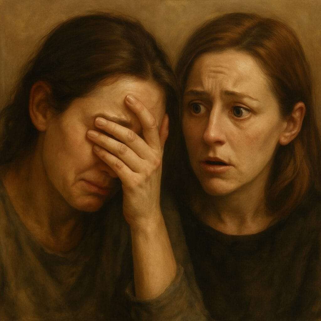 A traditional oil painting of two women, one covering her face in distress and the other looking overwhelmed and concerned, symbolizing the emotional toll of receiving unprocessed trauma without consent