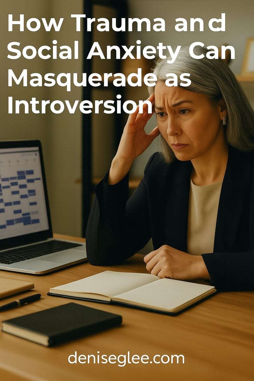Middle-aged professional woman looking overwhelmed at her desk with calendar on screen – text reads “How Trauma and Social Anxiety Can Masquerade as Introversion”