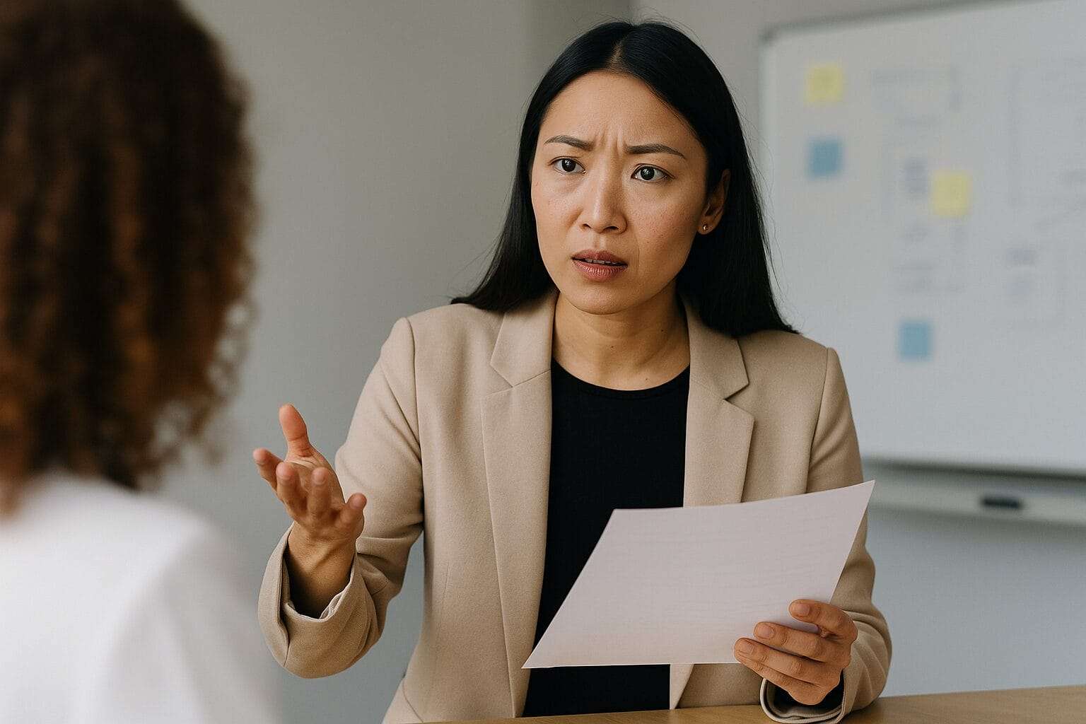 Professional Asian woman expressing concern during a team conversation, holding a paper in a modern office setting—reflecting the tension caused by unclear expectations.