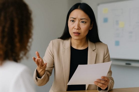 Professional Asian woman expressing concern during a team conversation, holding a paper in a modern office setting—reflecting the tension caused by unclear expectations.