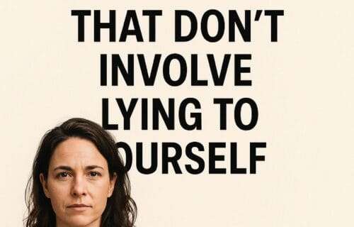 A serious-looking woman in a denim jacket stands below bold text that reads "10 Confidence Builders That Don’t Involve Lying to Yourself" with deniseglee.com at the bottom.