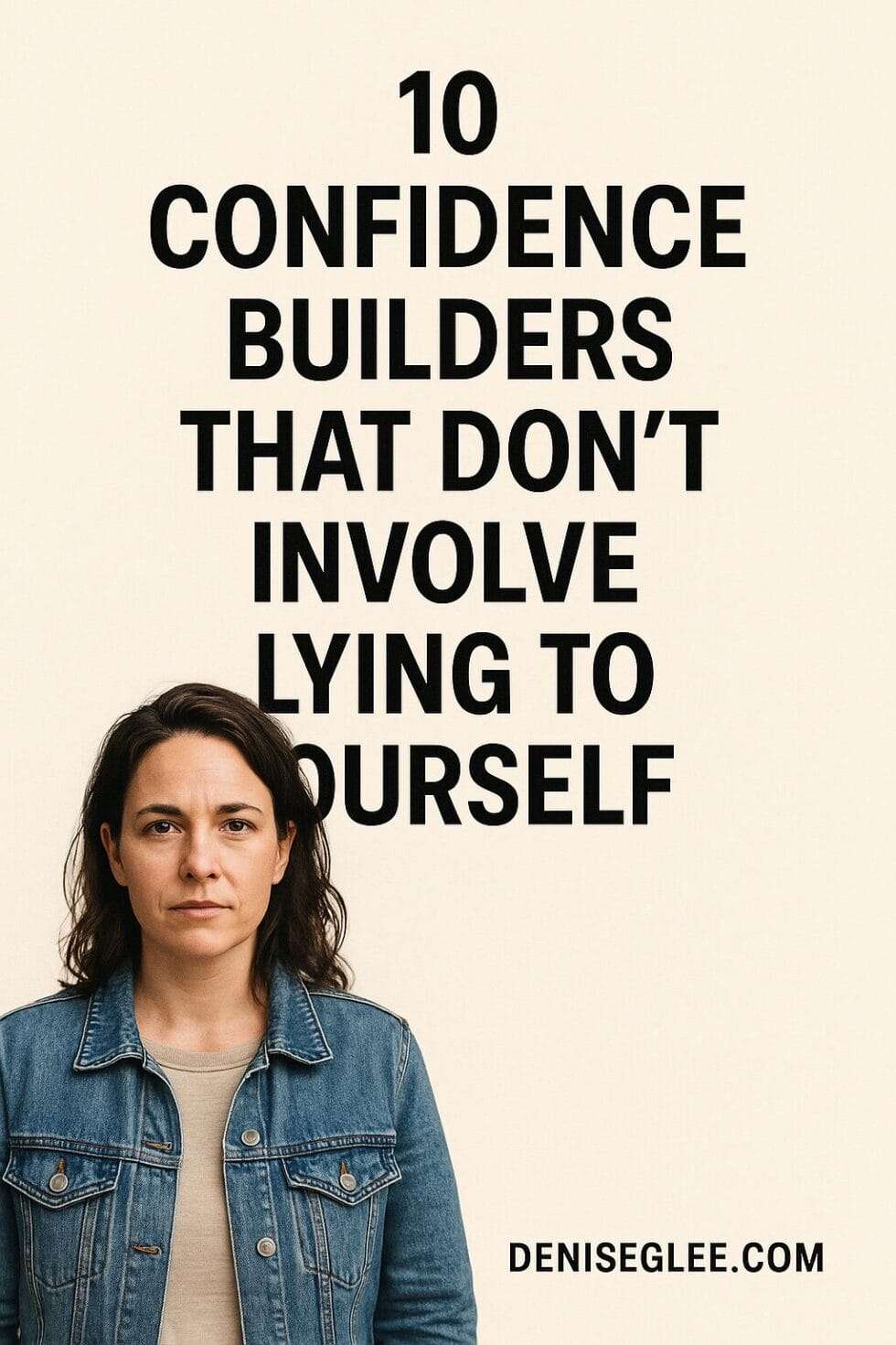 A serious-looking woman in a denim jacket stands below bold text that reads "10 Confidence Builders That Don’t Involve Lying to Yourself" with deniseglee.com at the bottom.