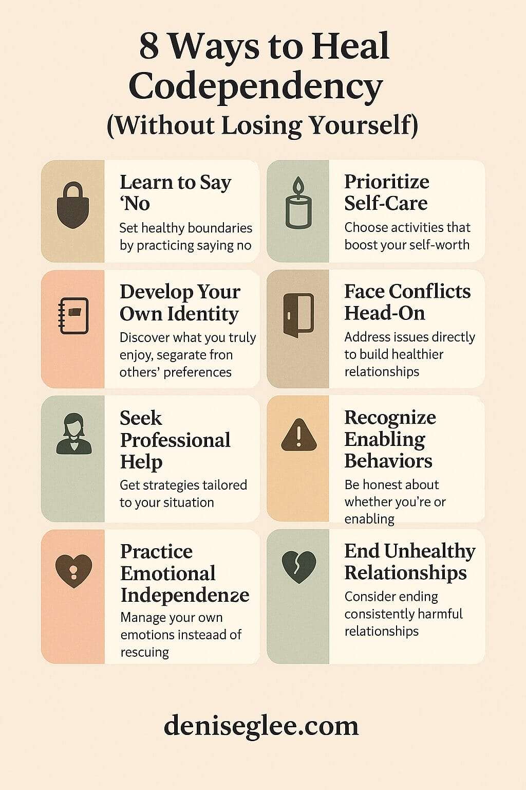 Infographic listing eight practical steps to heal from codependency with icons, muted colors, and deniseglee.com at the bottom center