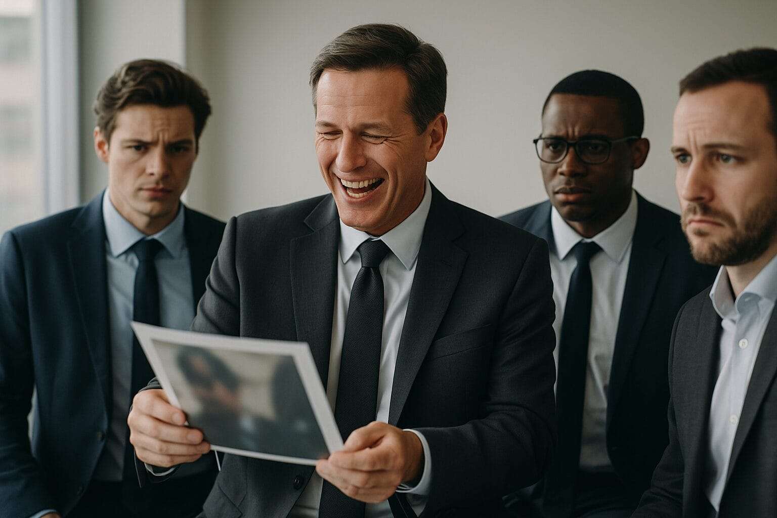 Businessman laughing while holding a document in a meeting, surrounded by colleagues who appear visibly uncomfortable and hesitant to respond