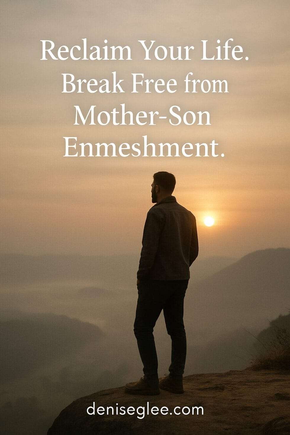 Reclaim Your Life. Break Free from Mother-Son Enmeshment. image of man sitting on top of mountain with sunset in background