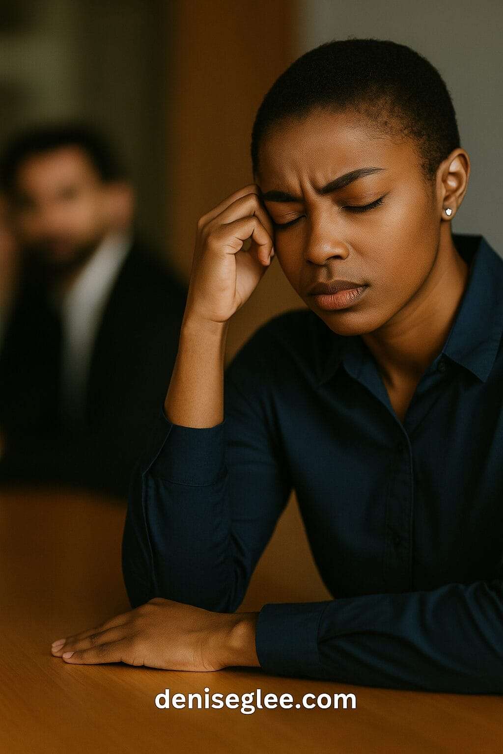 Young Black woman seated at a desk in soft light, eyes closed in quiet overwhelm, symbolizing emotional numbness and inner disconnection