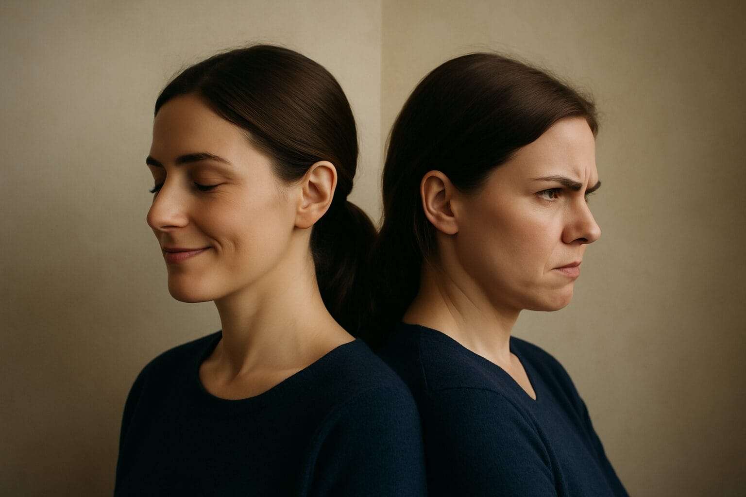 Two side-profile portraits of the same woman back-to-back, one calm and content, the other tense and angry, symbolizing the spectrum of narcissism