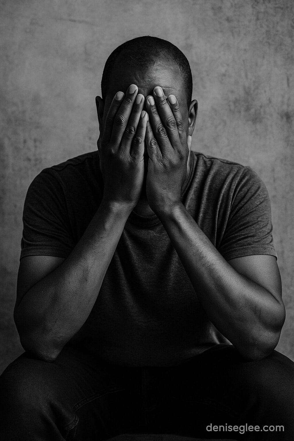 Black and white image of a seated man covering his face with both hands, conveying emotional distress and quiet shame, with deniseglee.com in the bottom corner