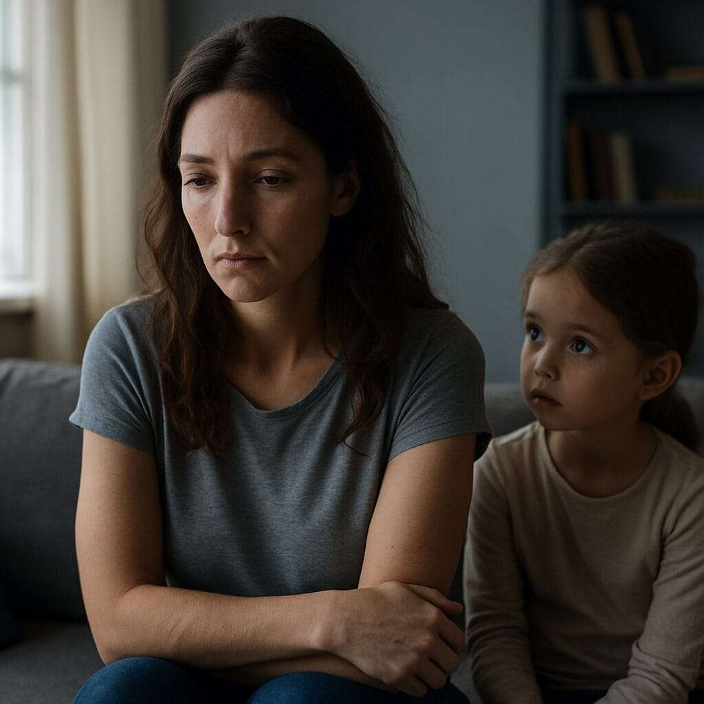 Visual for Amanda’s Story – Emotional Numbness in Motherhood Woman with a distant expression sitting beside a young girl who looks at her with concern, capturing emotional disconnection and quiet tension