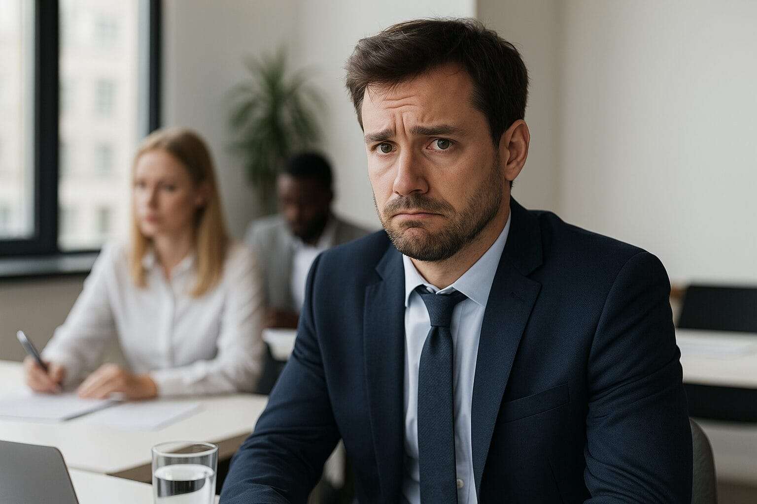 Caucasian businessman in a suit looking visibly uncomfortable during a meeting, trying to maintain composure while appearing mentally distracted