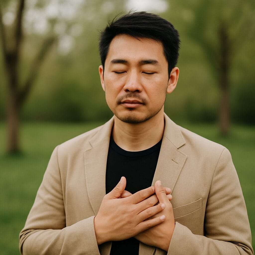 Asian man standing peacefully with eyes closed and hands over heart, outdoors in nature, representing spiritual grounding in leadership