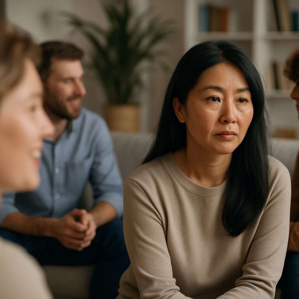 Asian woman in her 40s sitting quietly among a group of people who are smiling and talking, reflecting emotional detachment and codependency