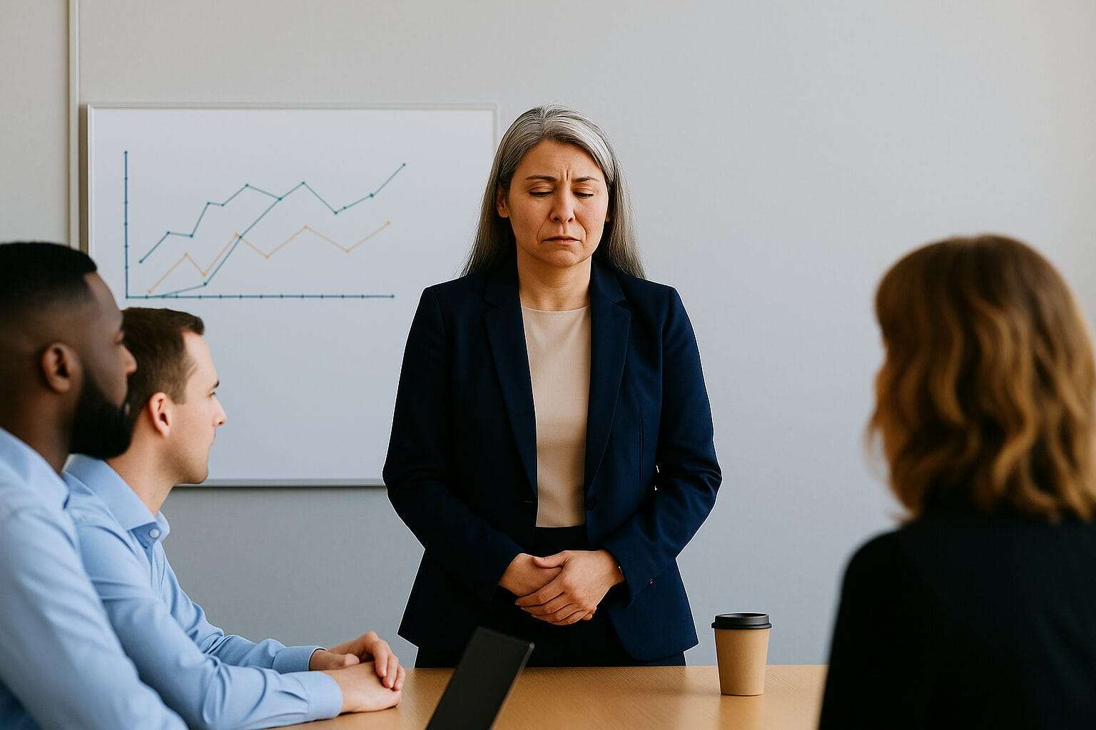 Professional Asian woman in her mid-50s standing in front of her team, looking emotionally drained during a meeting, symbolizing the quiet struggle of high-functioning shame in leadership