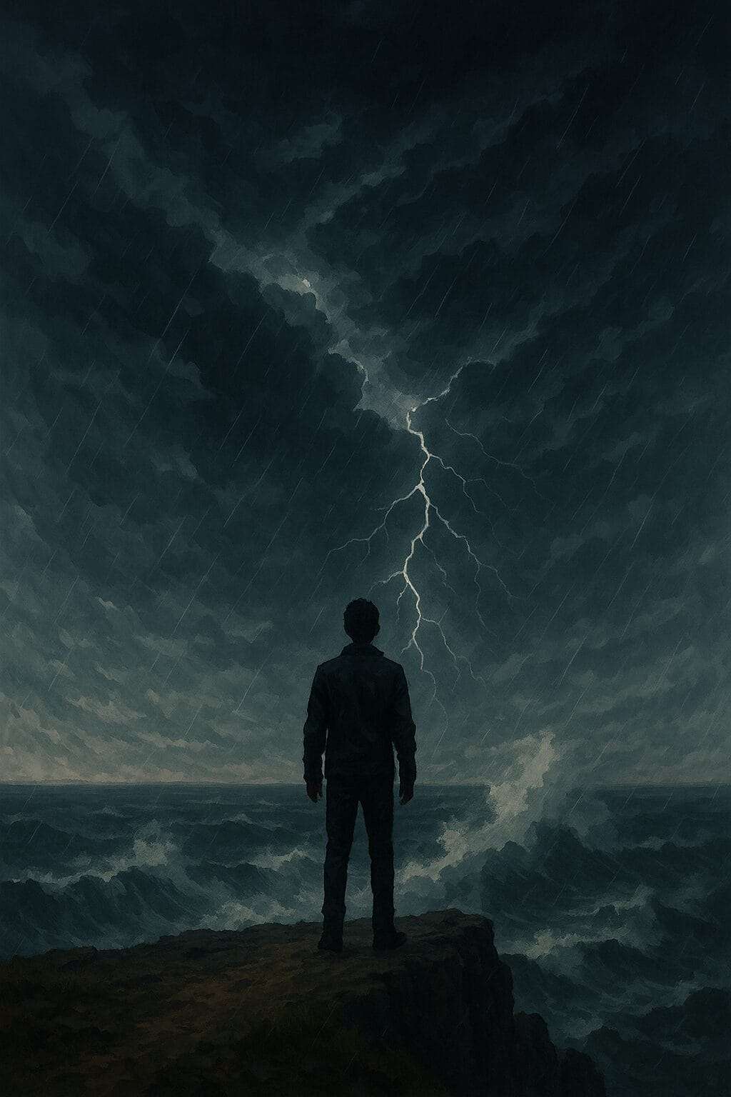 A solitary figure stands at the edge of a cliff facing a stormy sea, symbolizing the courage to confront fear and speak truth in the face of emotional or cultural resistance.