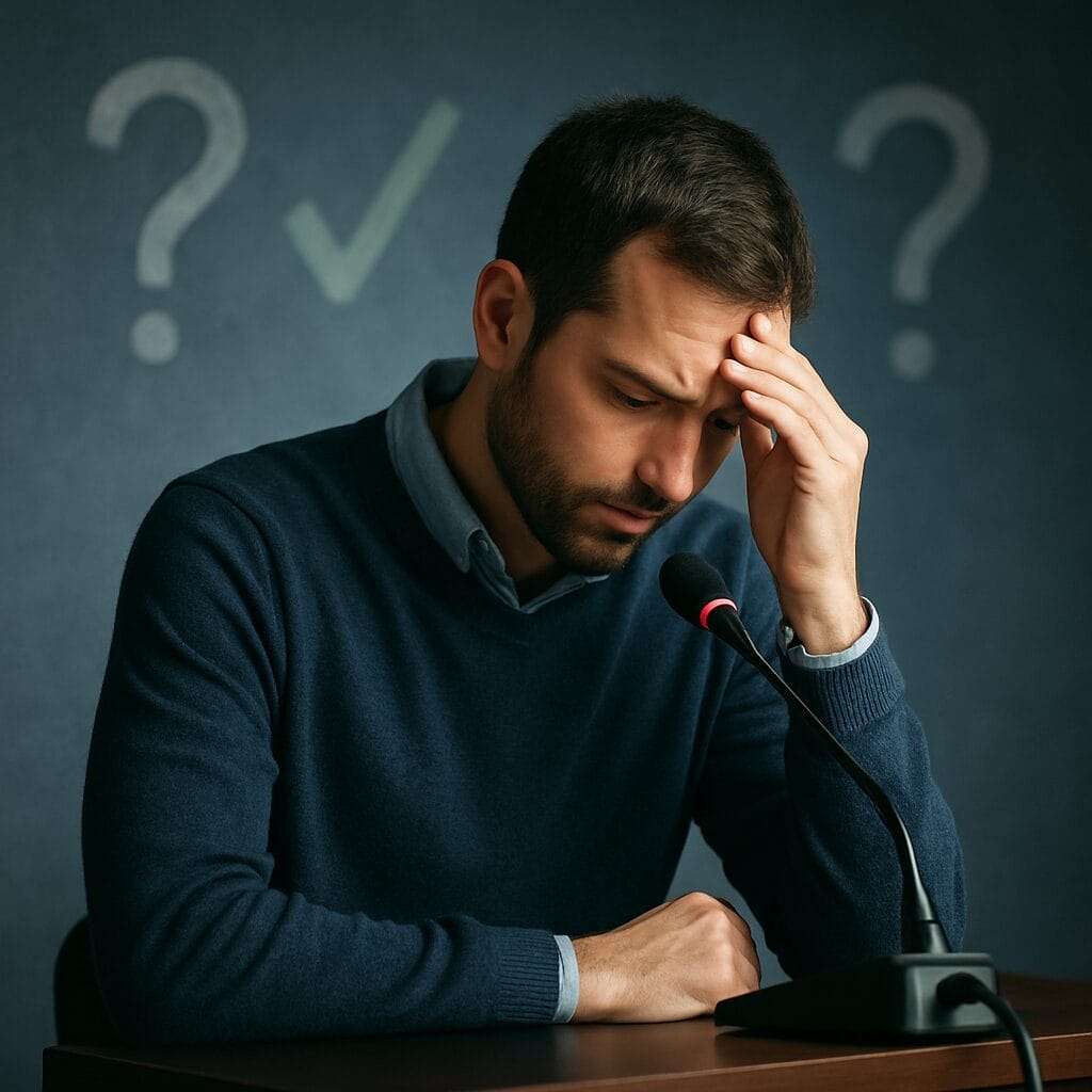 Man in his 30s looking concerned while sitting at a podium with a microphone, symbolizing self-reflection and emotional accountability